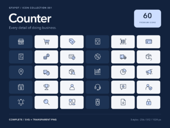 Counter Complete preview showing premium business and ecommerce icons in outline, duotone and white styles