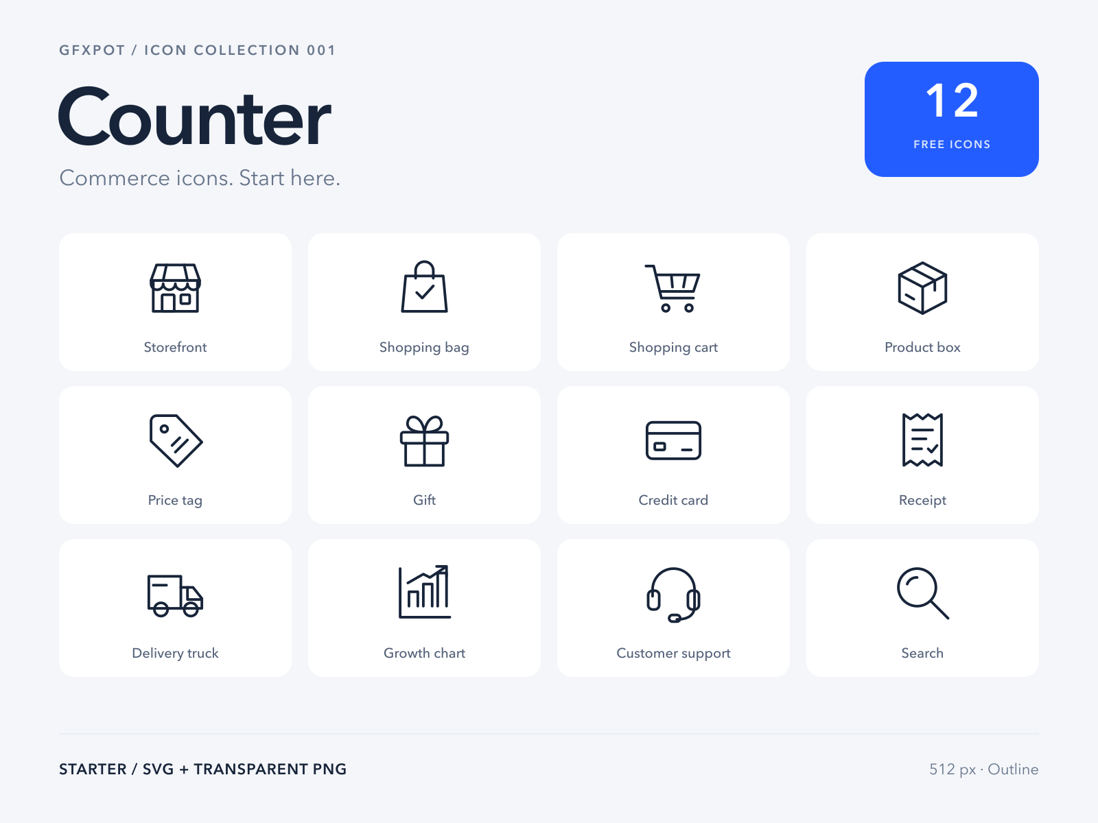 Counter Starter preview showing 12 free business and ecommerce outline icons